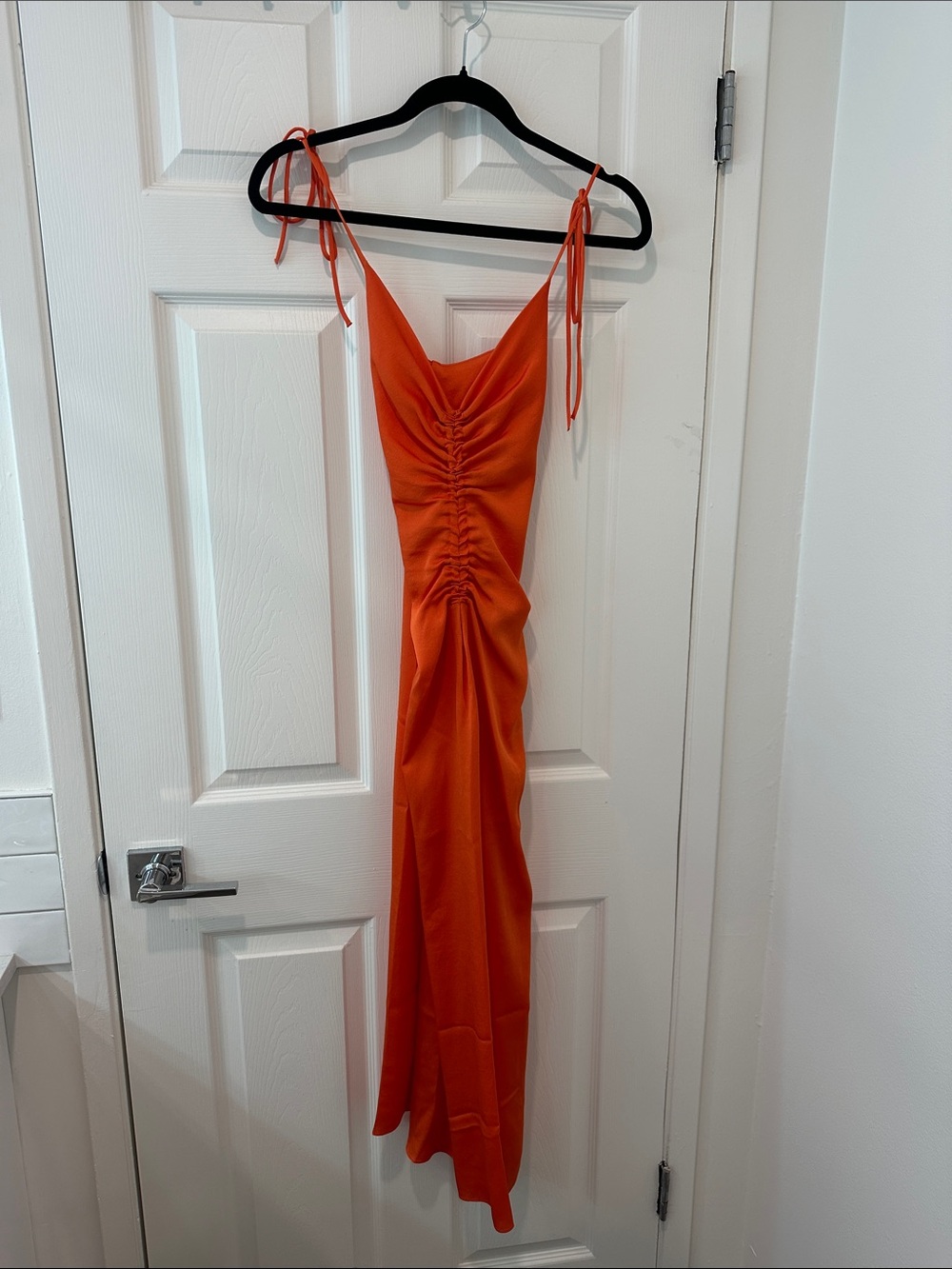 Sandro Bright Orange Ruched Tie-Shoulder Midi Dress